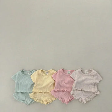 半袖セットアップ キッズセットアップ 2点セット 半袖フリルTシャツ+フリルショートパンツ パステルカラー 4カラー