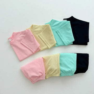 半袖セットアップ キッズセットアップ 2点セット 半袖Tシャツ+ロングパンツ シンプルベーシック 無地 4カラー【mh0005570】