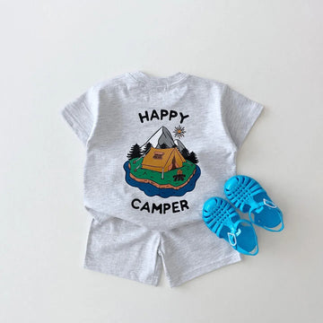 半袖セットアップ ベビーキッズセットアップ 2点セット 半袖プリントTシャツ+ショートパンツ 4カラー【mh0005628】