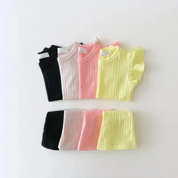 半袖セットアップ キッズセットアップ 2点セット フリルショルダーTシャツ+ロングルーズパンツ 4カラー【mh0006002】