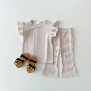 半袖セットアップ キッズセットアップ 2点セット フリルショルダーTシャツ+ロングルーズパンツ 4カラー【mh0006002】
