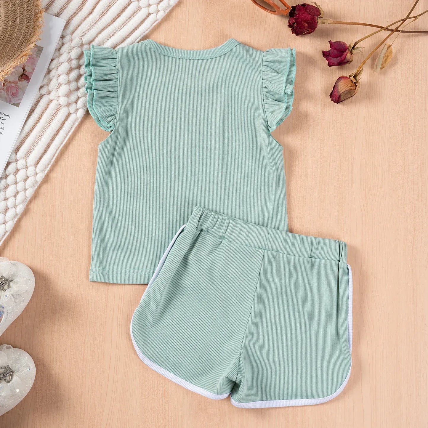 半袖セットアップ キッズセットアップ 2点セット フリルスリーブTシャツ+ショートパンツ 4カラー【mh0006103】