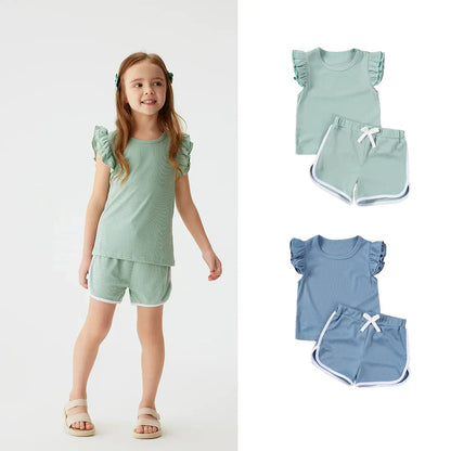 半袖セットアップ キッズセットアップ 2点セット フリルスリーブTシャツ+ショートパンツ 4カラー【mh0006103】