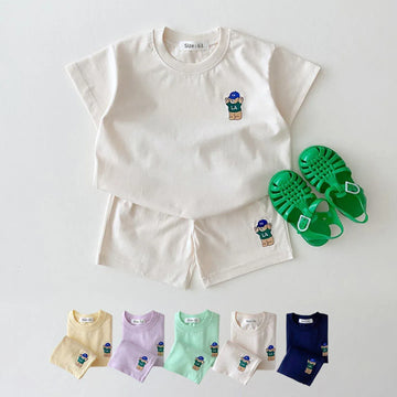 半袖セットアップ ベビーキッズセットアップ 2点セット 半袖Tシャツ+ショートパンツ ベアくま刺繍 6カラー【mh0005629】