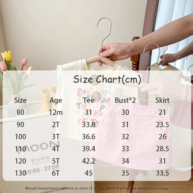 ノースリーブセットアップ キッズセットアップ 2点セット ノースリーブTシャツ+台形ピンクミニスカート カラフルレターロゴプリント【mh0004939】