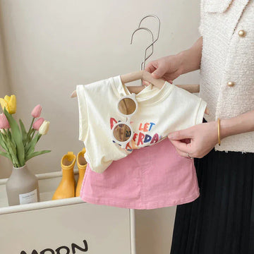 ノースリーブセットアップ キッズセットアップ 2点セット ノースリーブTシャツ+台形ピンクミニスカート カラフルレターロゴプリント【mh0004939】