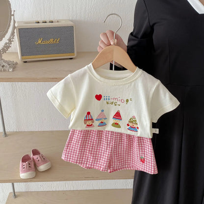 半袖セットアップ キッズセットアップ 2点セット 半袖プリントTシャツ+チェックショートパンツ【mh0005456】
