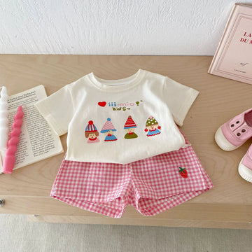 半袖セットアップ キッズセットアップ 2点セット 半袖プリントTシャツ+チェックショートパンツ【mh0005456】