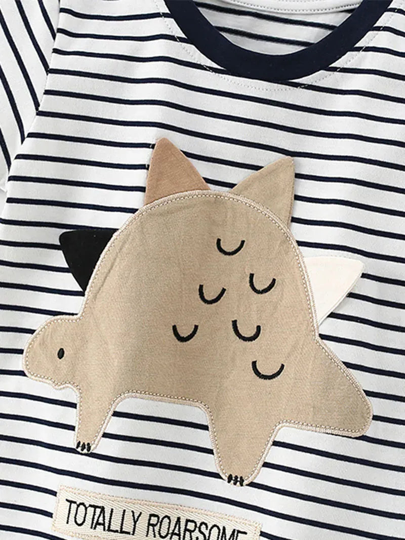 半袖セットアップ キッズセットアップ 2点セット 半袖Tシャツ+ショートパンツ ボーダー 恐竜ダイナソー【mh0005494】