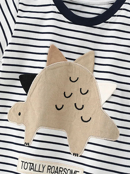 半袖セットアップ キッズセットアップ 2点セット 半袖Tシャツ+ショートパンツ ボーダー 恐竜ダイナソー【mh0005494】