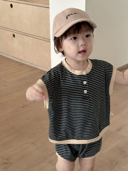 半袖セットアップ ベビーキッズセットアップ 2点セット 半袖Tシャツ+ショートパンツ ボーダー【mh0005605】