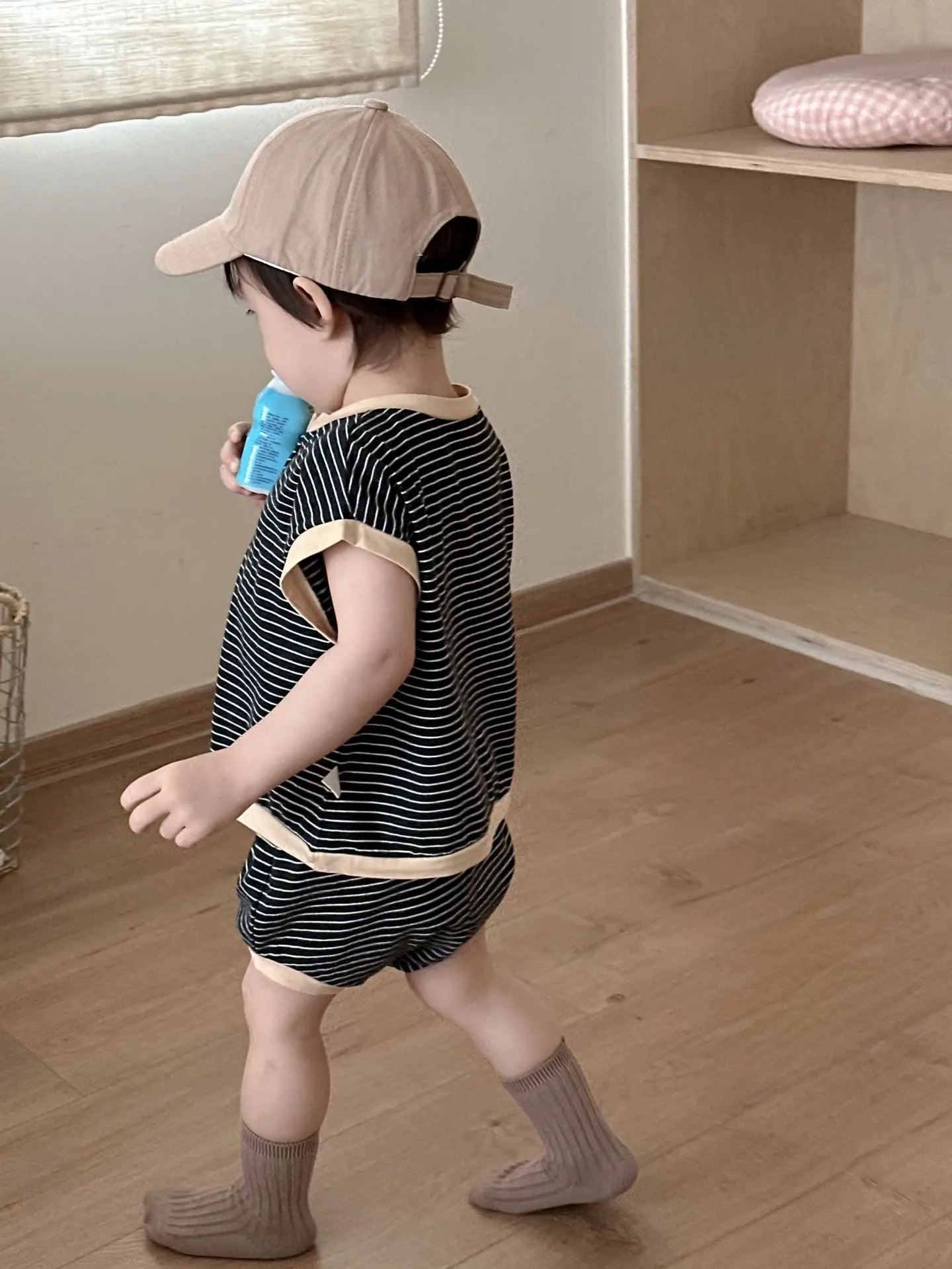 半袖セットアップ ベビーキッズセットアップ 2点セット 半袖Tシャツ+ショートパンツ ボーダー【mh0005605】