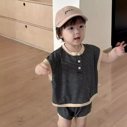 半袖セットアップ ベビーキッズセットアップ 2点セット 半袖Tシャツ+ショートパンツ ボーダー【mh0005605】