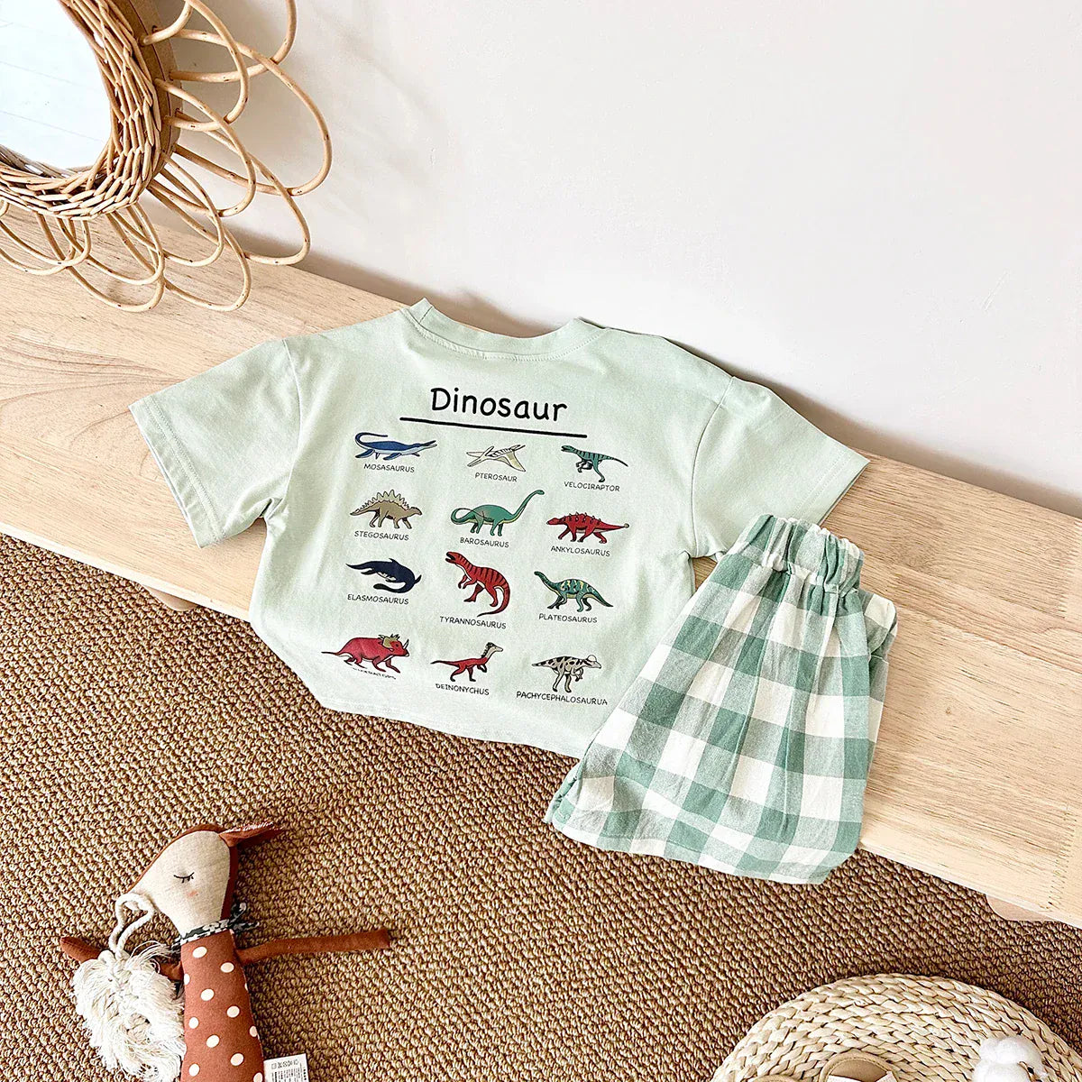 半袖セットアップ ベビーセットアップ 2点セット 半袖プリントTシャツ+チェックショートパンツ ダイナソー恐竜プリント【mh0005634】
