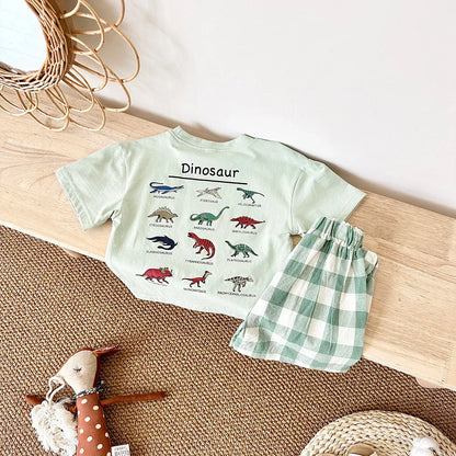 半袖セットアップ ベビーセットアップ 2点セット 半袖プリントTシャツ+チェックショートパンツ ダイナソー恐竜プリント【mh0005634】