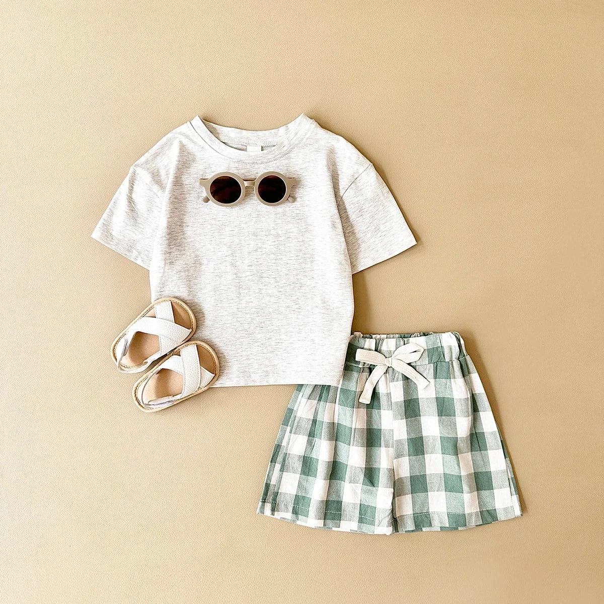 半袖セットアップ ベビーセットアップ 2点セット 半袖プリントTシャツ+チェックショートパンツ ダイナソー恐竜プリント【mh0005634】
