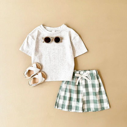 半袖セットアップ ベビーセットアップ 2点セット 半袖プリントTシャツ+チェックショートパンツ ダイナソー恐竜プリント【mh0005634】