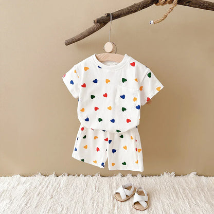 半袖セットアップ ベビーキッズセットアップ 2点セット 半袖Tシャツ+ショートパンツ チェック/カラフルハートプリント【mh0005638】