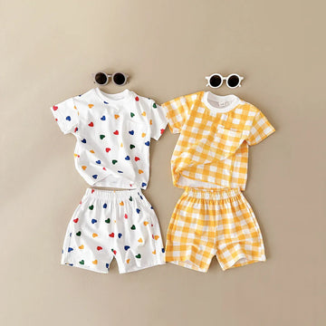 半袖セットアップ ベビーキッズセットアップ 2点セット 半袖Tシャツ+ショートパンツ チェック/カラフルハートプリント【mh0005638】