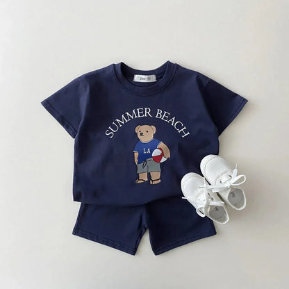 半袖セットアップ ベビーキッズセットアップ 2点セット 半袖Tシャツ+ショートパンツ ベアくまプリント【mh0005639】