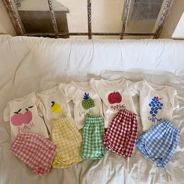 半袖セットアップ キッズセットアップ 2点セット 半袖プリントTシャツ+チェックショートパンツ フルーツ柄【mh0005663】