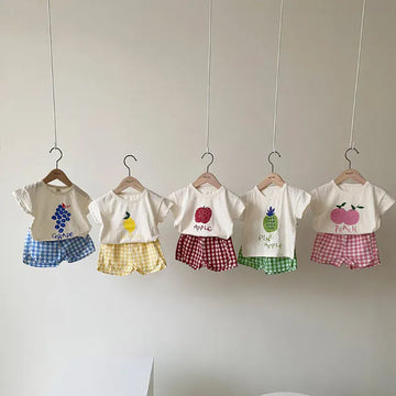 半袖セットアップ キッズセットアップ 2点セット 半袖プリントTシャツ+チェックショートパンツ フルーツ柄【mh0005663】