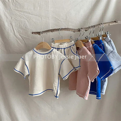 半袖セットアップ キッズセットアップ 2点セット 半袖Tシャツ+ショートパンツ ステッチアクセント シンプルベーシック【mh0005669】