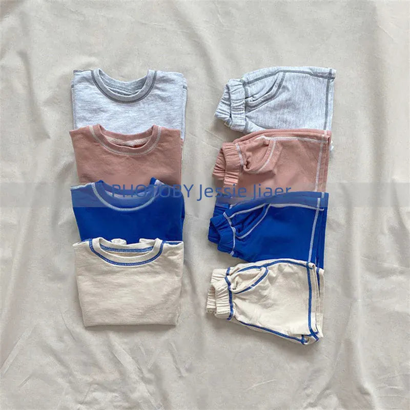 半袖セットアップ キッズセットアップ 2点セット 半袖Tシャツ+ショートパンツ ステッチアクセント シンプルベーシック【mh0005669】