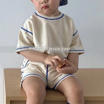 半袖セットアップ キッズセットアップ 2点セット 半袖Tシャツ+ショートパンツ ステッチアクセント シンプルベーシック【mh0005669】