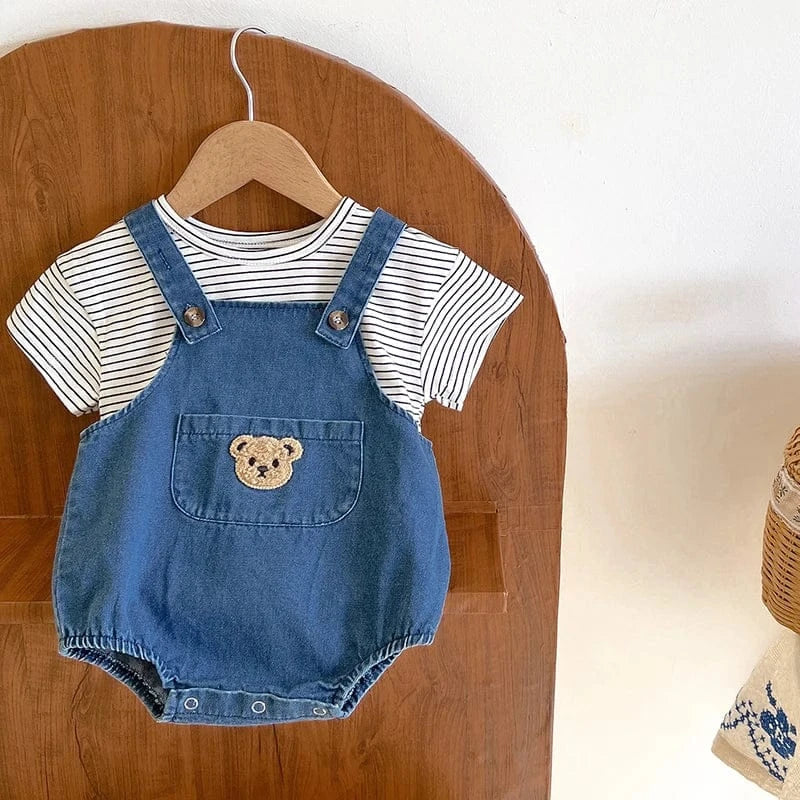 ロンパースセットアップ ベビーセットアップ 2点セット 半袖ボーダーTシャツ+デニムベアくまワッペンサスペンダーボディスーツ【mh0005867】