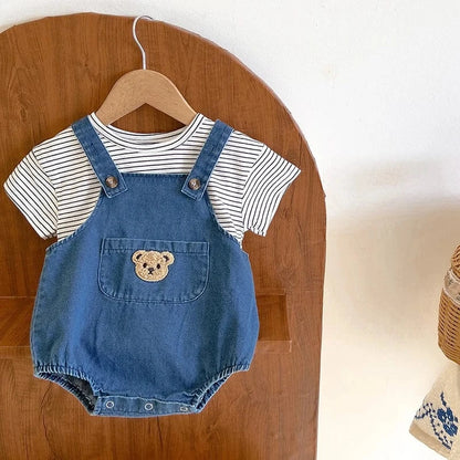 ロンパースセットアップ ベビーセットアップ 2点セット 半袖ボーダーTシャツ+デニムベアくまワッペンサスペンダーボディスーツ【mh0005867】