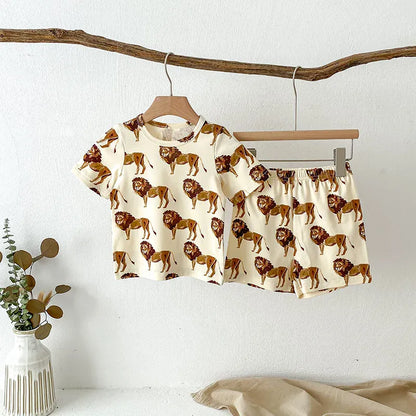 半袖セットアップ キッズセットアップ 2点セット 半袖Tシャツ+ショートパンツ ルームウェア アニマルプリント【mh0005917】