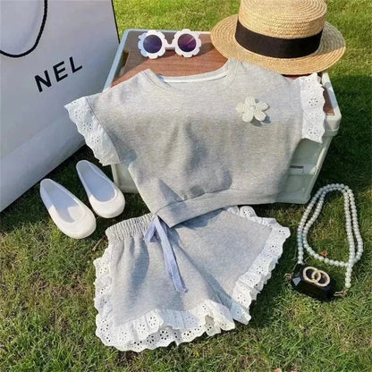 半袖セットアップ キッズセットアップ 2点セット レースフリル 半袖Tシャツ+ショートパンツ グレー【mh0006116】