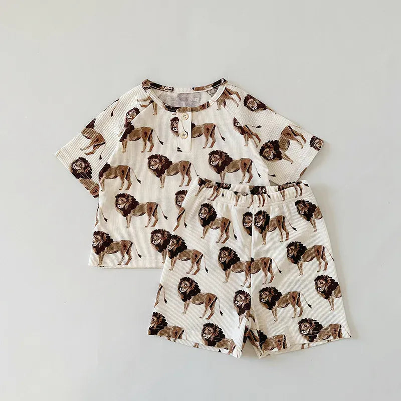 半袖セットアップ キッズセットアップ 2点セット ヘンリーネック 半袖Tシャツ+ショートパンツ ルームウェア アニマルプリント【mh0006510】