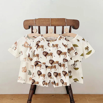 半袖セットアップ キッズセットアップ 2点セット ヘンリーネック 半袖Tシャツ+ショートパンツ ルームウェア アニマルプリント【mh0006510】