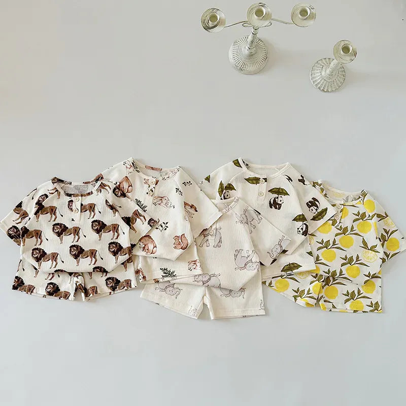 半袖セットアップ キッズセットアップ 2点セット ヘンリーネック 半袖Tシャツ+ショートパンツ ルームウェア アニマルプリント【mh0006510】