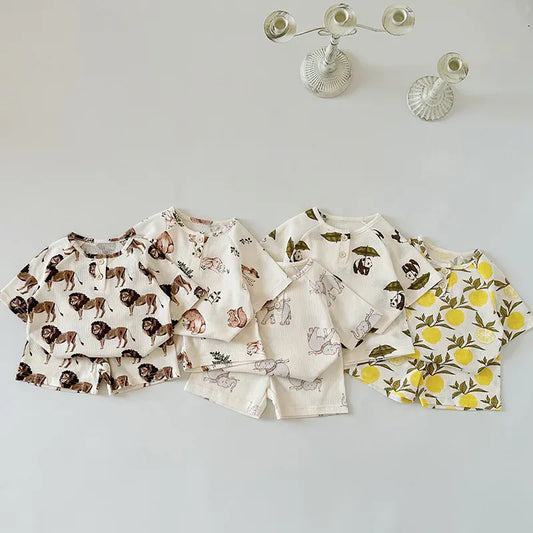 半袖セットアップ キッズセットアップ 2点セット ヘンリーネック 半袖Tシャツ+ショートパンツ ルームウェア アニマルプリント【mh0006510】