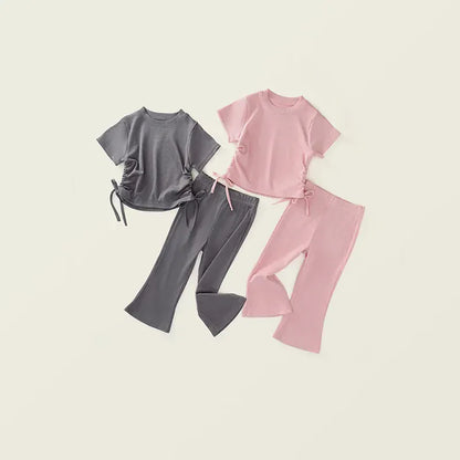 半袖セットアップ キッズセットアップ 2点セット 半袖サイドレースアップTシャツ+フレアロングパンツ【mh0006596】