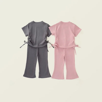 半袖セットアップ キッズセットアップ 2点セット 半袖サイドレースアップTシャツ+フレアロングパンツ【mh0006596】