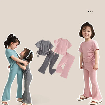 半袖セットアップ キッズセットアップ 2点セット 半袖サイドレースアップTシャツ+フレアロングパンツ【mh0006596】