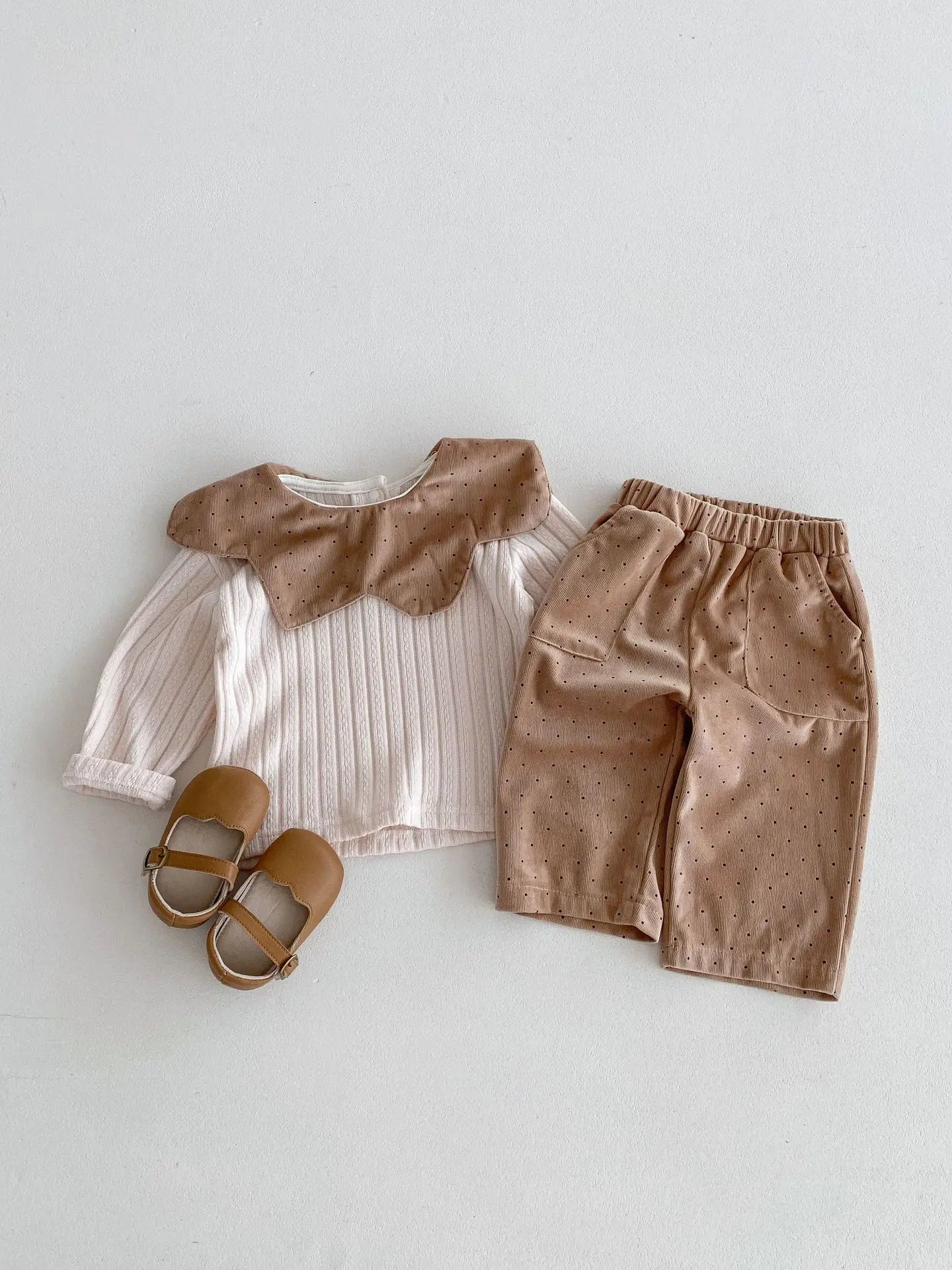 長袖セットアップ ベビーセットアップ 2点セット フラワー襟長袖Tシャツカットソー+コーデュロイルーズロングパンツ【mh0006860】