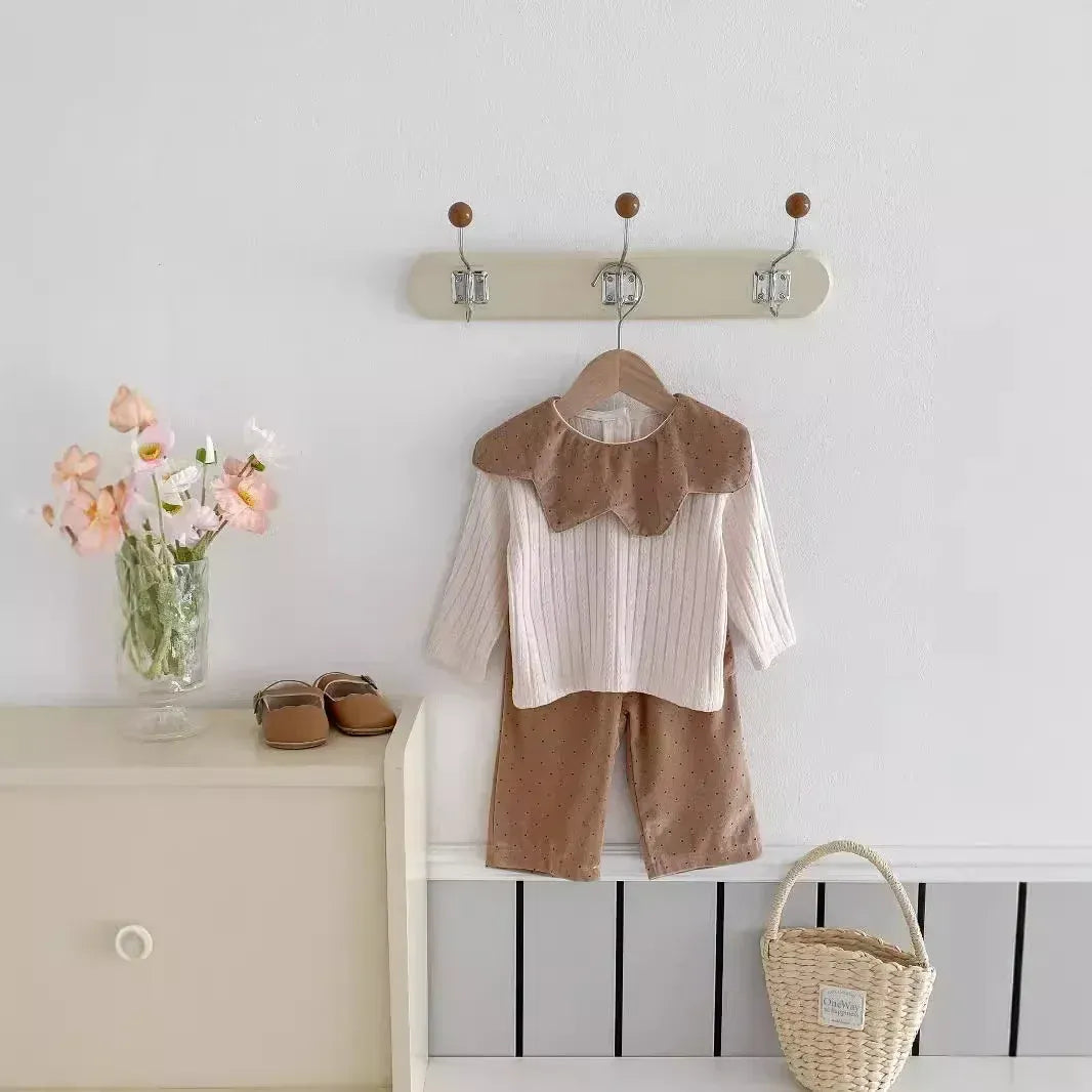 長袖セットアップ ベビーセットアップ 2点セット フラワー襟長袖Tシャツカットソー+コーデュロイルーズロングパンツ【mh0006860】