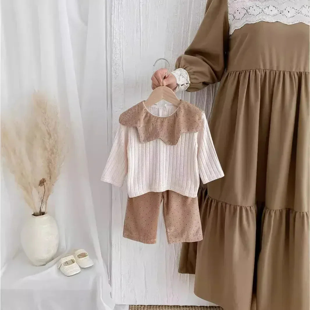 長袖セットアップ ベビーセットアップ 2点セット フラワー襟長袖Tシャツカットソー+コーデュロイルーズロングパンツ【mh0006860】