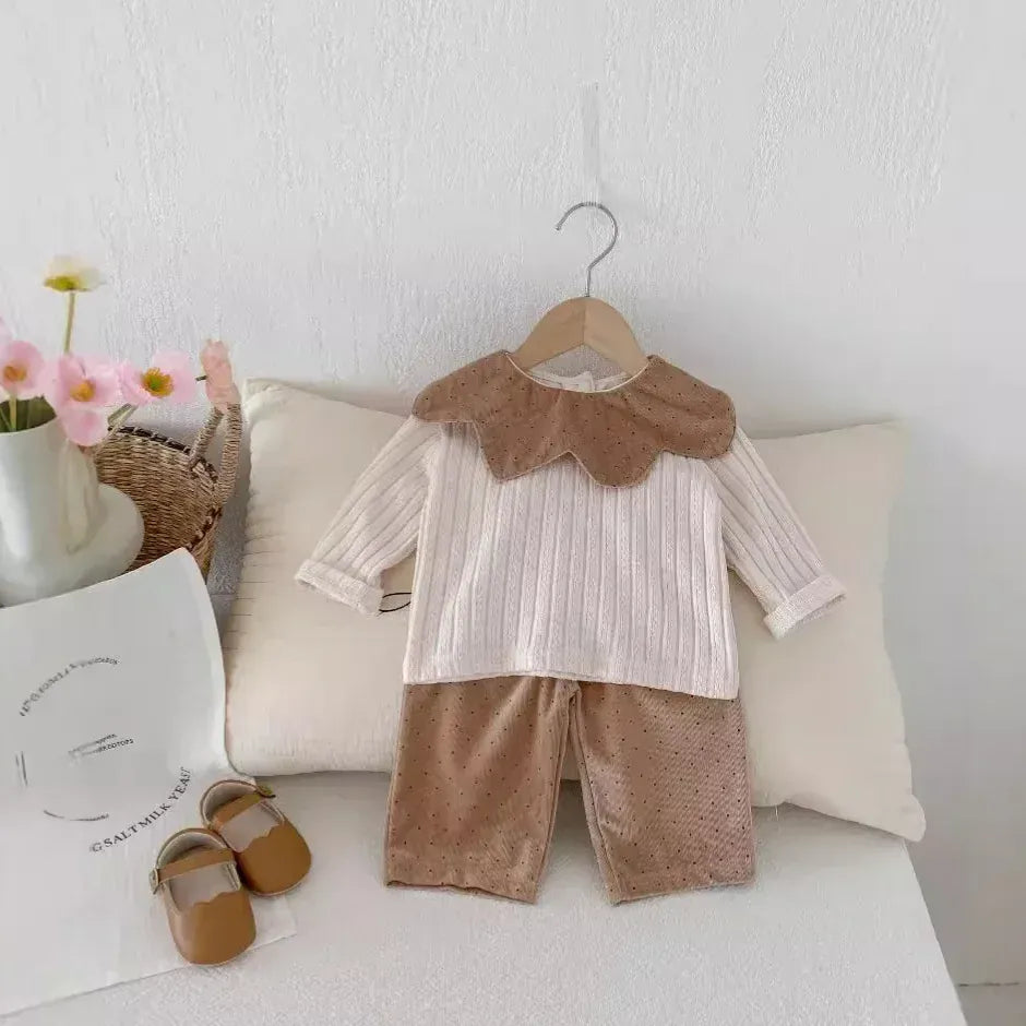 長袖セットアップ ベビーセットアップ 2点セット フラワー襟長袖Tシャツカットソー+コーデュロイルーズロングパンツ【mh0006860】