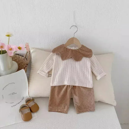 長袖セットアップ ベビーセットアップ 2点セット フラワー襟長袖Tシャツカットソー+コーデュロイルーズロングパンツ【mh0006860】