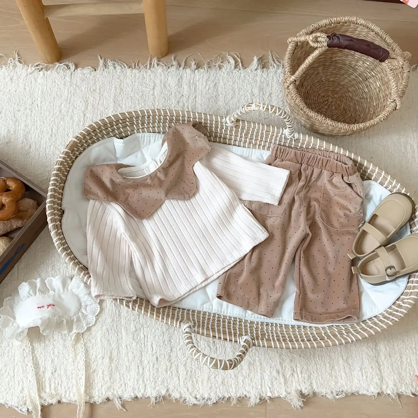 長袖セットアップ ベビーセットアップ 2点セット フラワー襟長袖Tシャツカットソー+コーデュロイルーズロングパンツ【mh0006860】