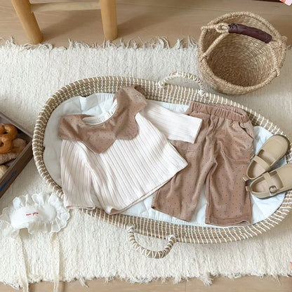 長袖セットアップ ベビーセットアップ 2点セット フラワー襟長袖Tシャツカットソー+コーデュロイルーズロングパンツ【mh0006860】