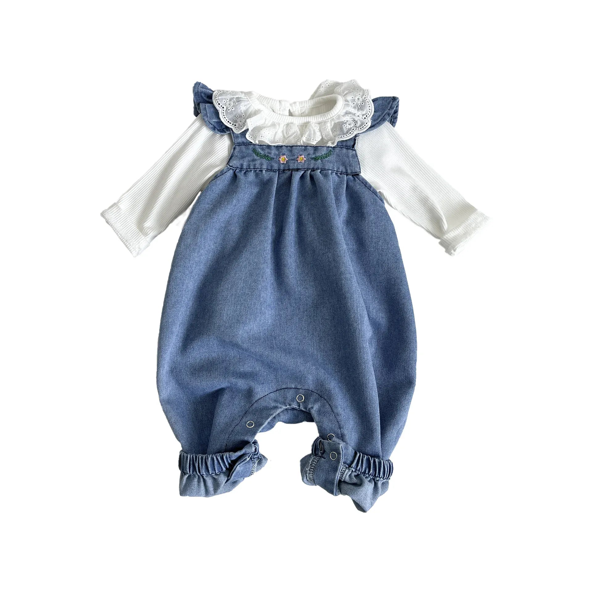 長袖セットアップ ベビーセットアップ 2点セット ラッフル襟長袖Tシャツブラウス+デニムサスペンダーロンパース/ジャンプスーツ【mh0007739】