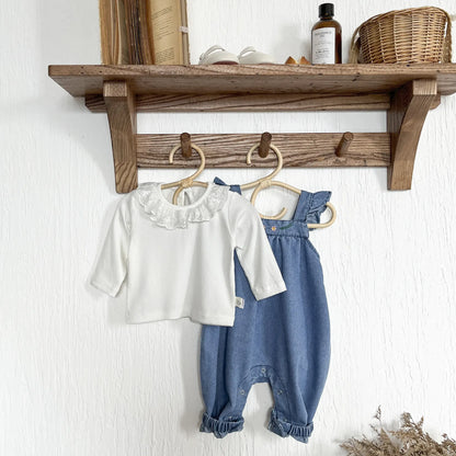 長袖セットアップ ベビーセットアップ 2点セット ラッフル襟長袖Tシャツブラウス+デニムサスペンダーロンパース/ジャンプスーツ【mh0007739】