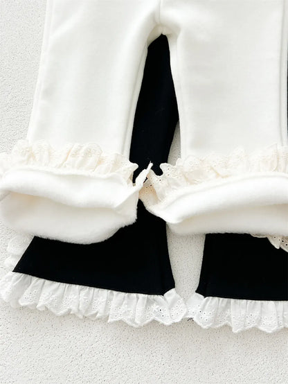 長袖セットアップ キッズセットアップ 2点セット ペプラムレースフリル長袖Tシャツ+裾レースロングフレアパンツ【mh0008503】